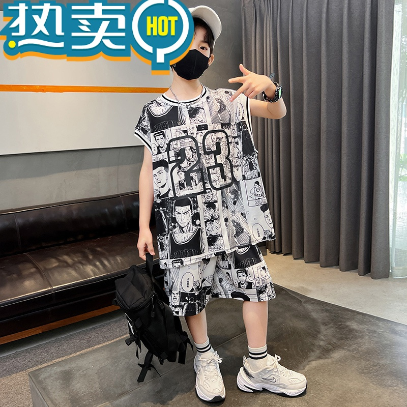 绿彩虹光男童套装2023新款速干运动夏装男孩薄款背心短裤潮儿童篮球服夏季