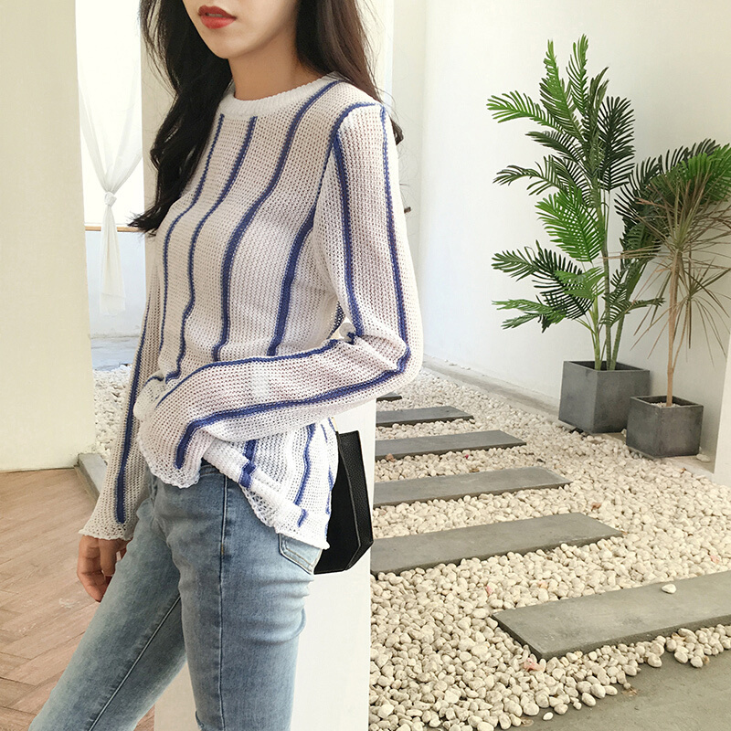 2018新款夏条纹针织衫女罩衫薄款韩版打底衫毛衣网洞上衣镂空秋装蓝色条纹均码