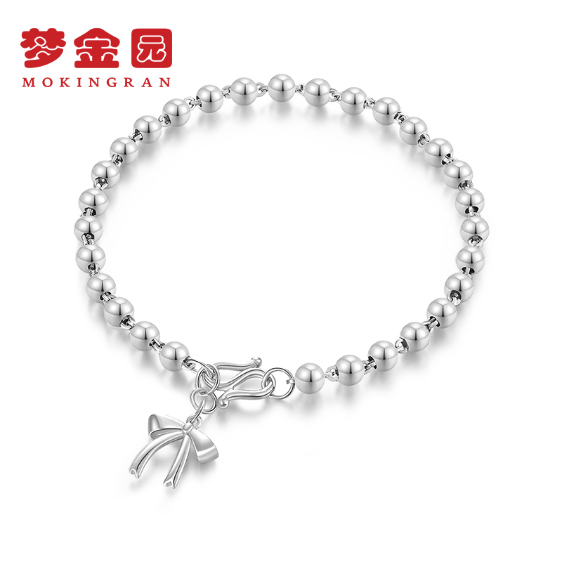 梦金园银手链女款圆珠手串甜美蝴蝶结手饰送闺蜜生日礼物