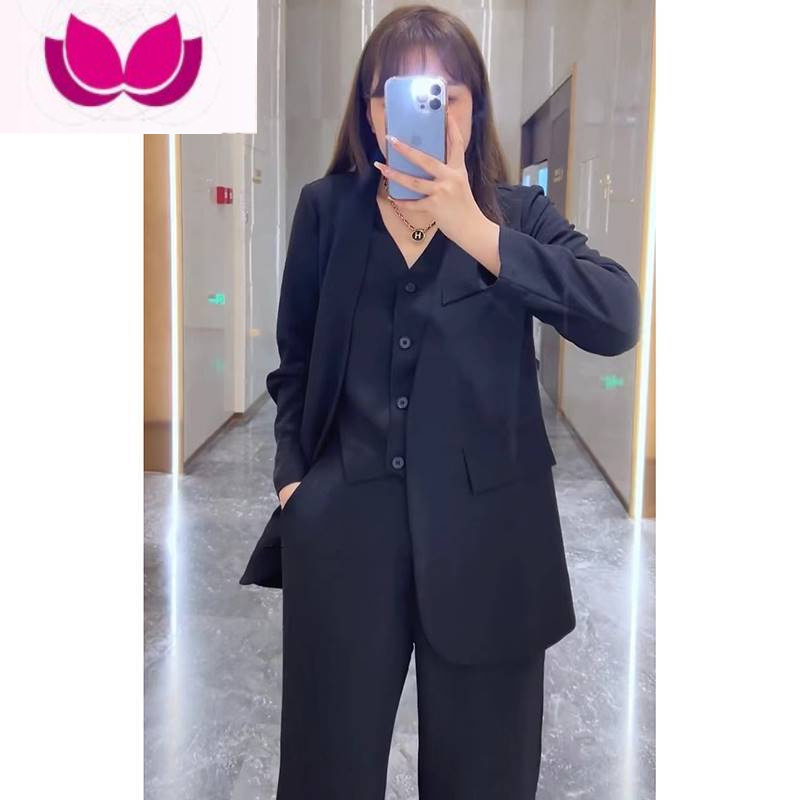 七斓大码女装胖mm盐系炸街假西装外套+阔腿长裤女秋显瘦遮肉套装