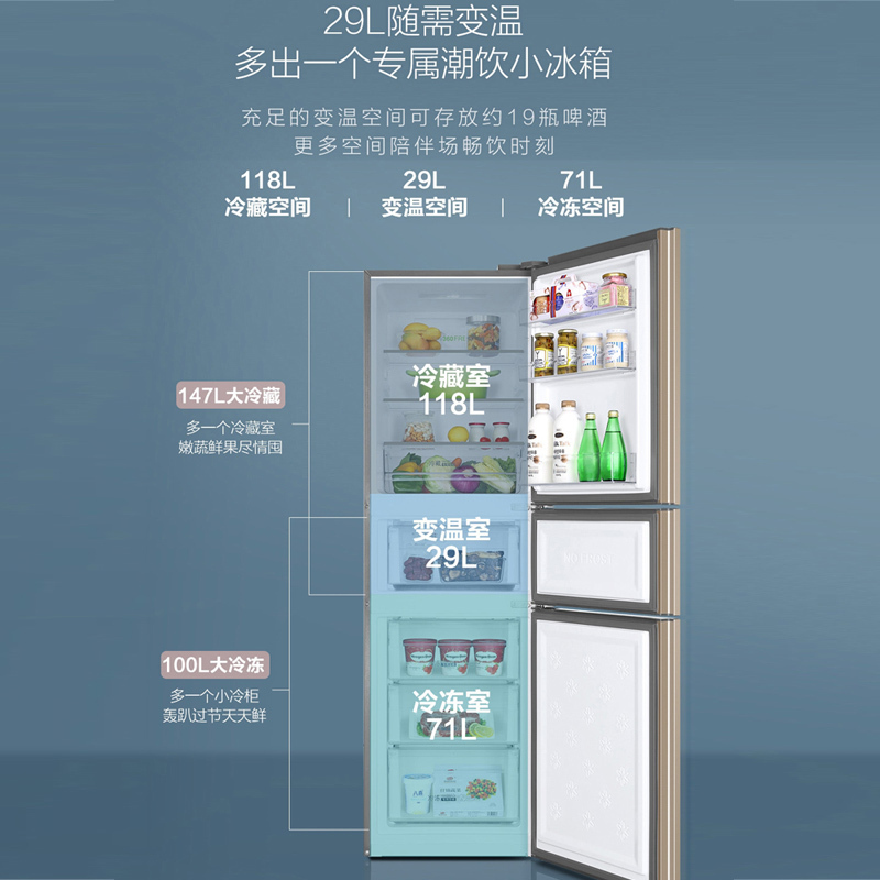 统帅(Leader)海尔出品 218升三门冰箱 双变频一级 360Fresh除菌 租房小冰箱BCD-218WLDPPU1