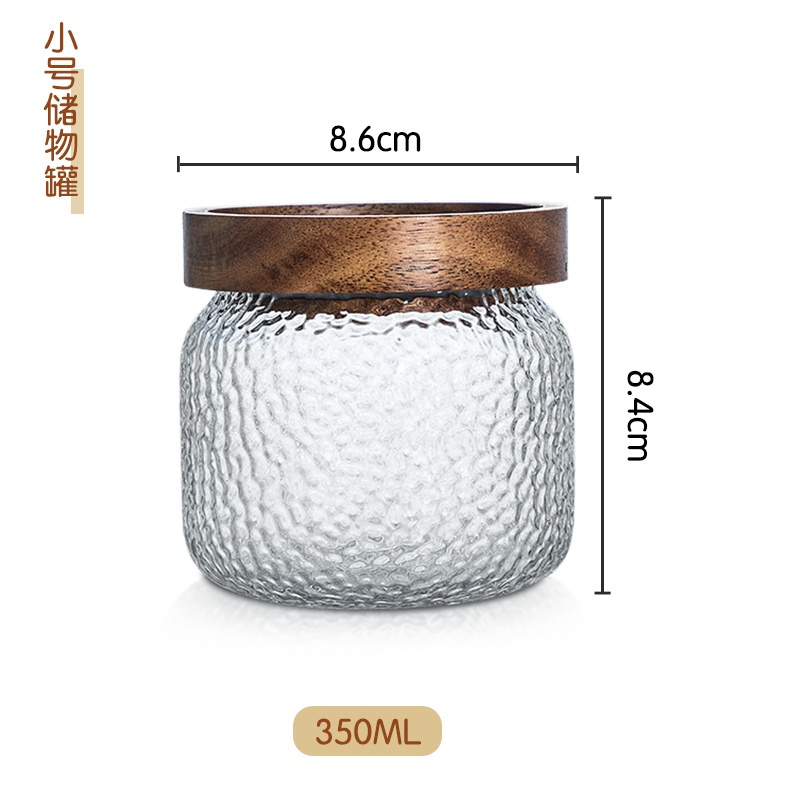 锤纹储物罐-小号350ML 忆壶茶锤纹玻璃茶叶罐大小号家用木盖密封罐子透明储物花茶收纳罐