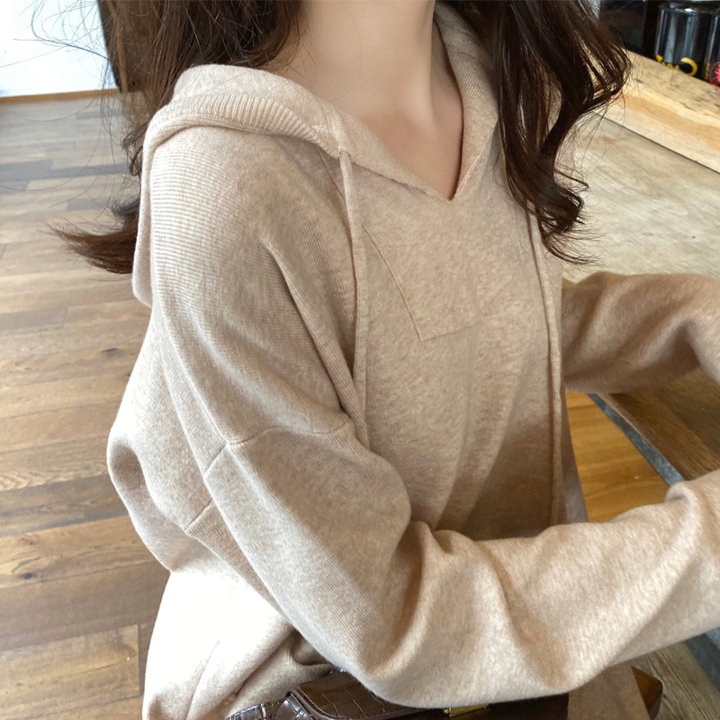 SUNTEK2020秋冬新款法式粉红色气质针织宽松连帽过膝毛衣连衣裙女中长款毛衣