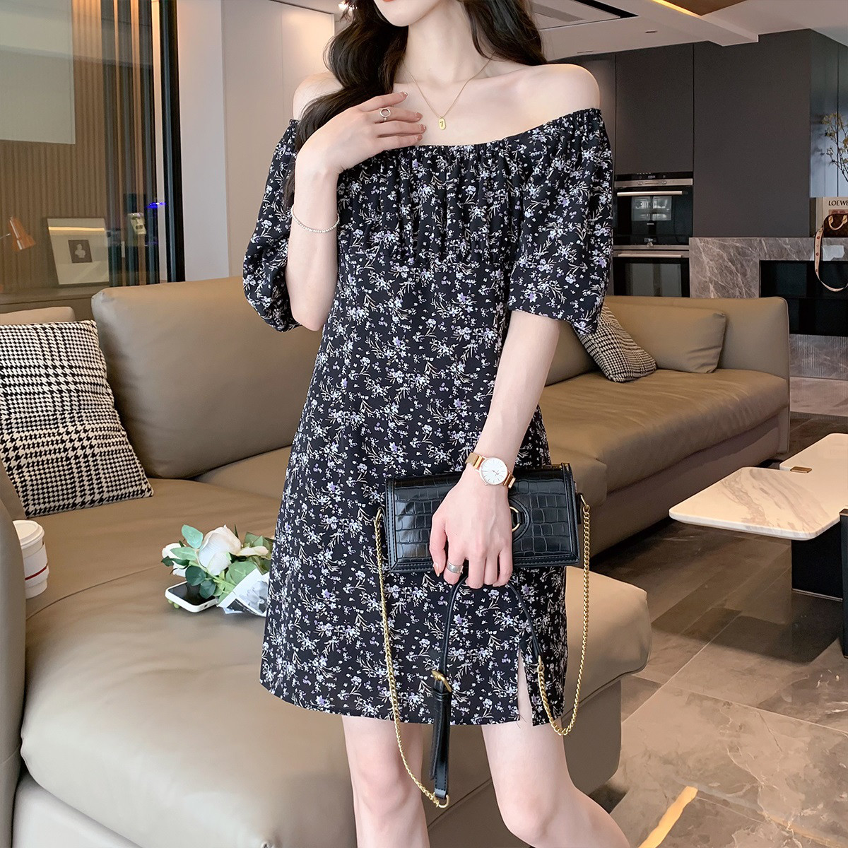 [2.5折价75元]唐狮夏季连衣裙女开叉碎花短袖森系淑女风田园小清新