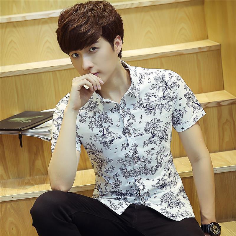 夏季新款短袖花衬衫男碎花衬衣青年修身印花寸衫男士花色衬衫