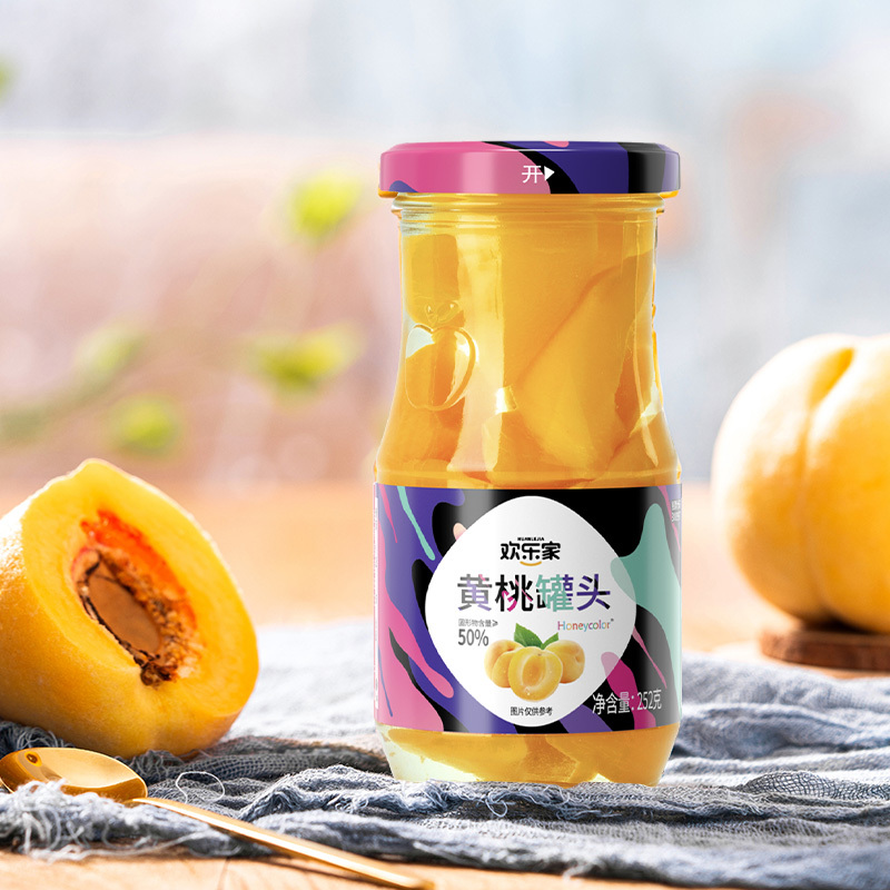 欢乐家糖水黄桃罐头252g*6罐 玻璃瓶装 新鲜黄桃水果罐头 休闲零食 方便速食 正品整箱