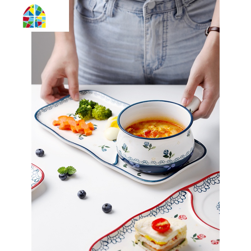 带把陶瓷碗有手柄的小碗下午茶餐具盘子碗套装家用碗盘日式樱桃碗 FENGHOU 蝶花色碗盘套装高清大图