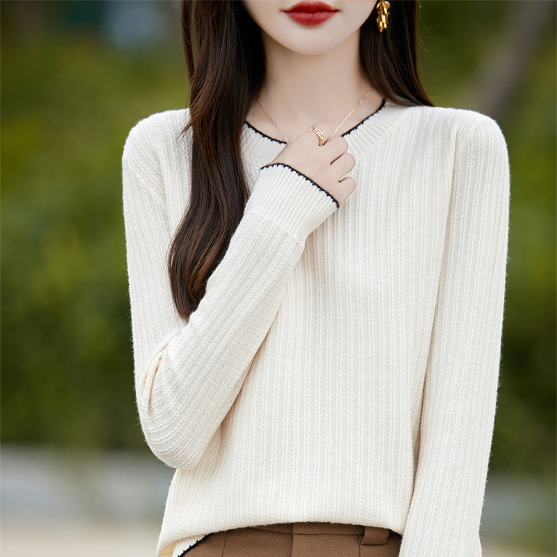 春秋冬新款安迪绒长袖针织衫女士圆领套头上衣坑条打底衫毛衣