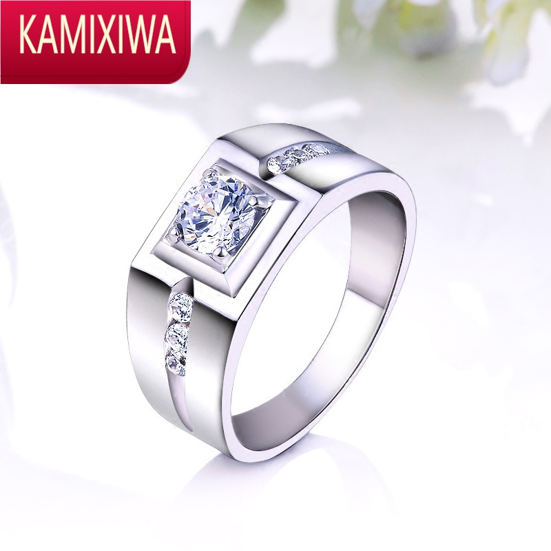 kamixiwa银戒指男士霸气大指环白金色仿钻戒男戒生日礼物婚戒