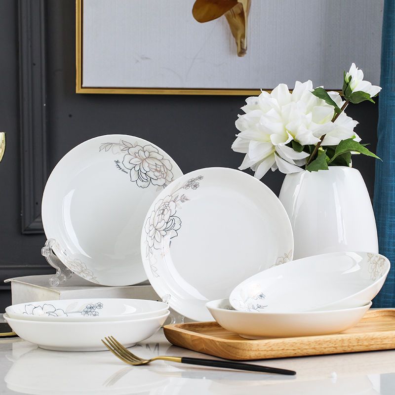 玉莱雅[高档骨瓷]6个盘子家用批发盘子菜盘子家用盘子碗套装 8英寸