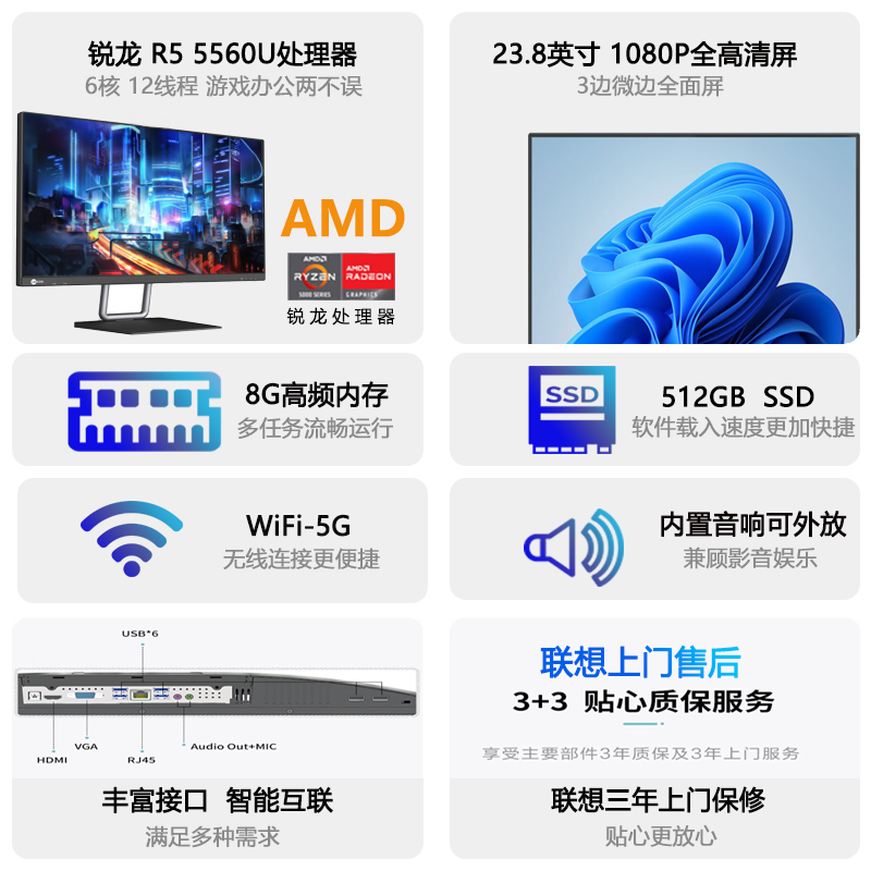 联想来酷23.8英寸高清办公家用电竞游戏一体机台式电脑(AMD R5 5560U 8G 512GSSD键鼠) 黑色