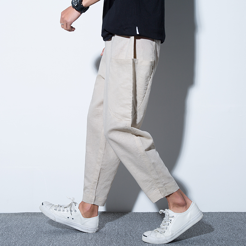夏款亚麻九分裤男萝卜裤韩版时尚哈伦裤棉麻休闲裤宽松小脚裤子男