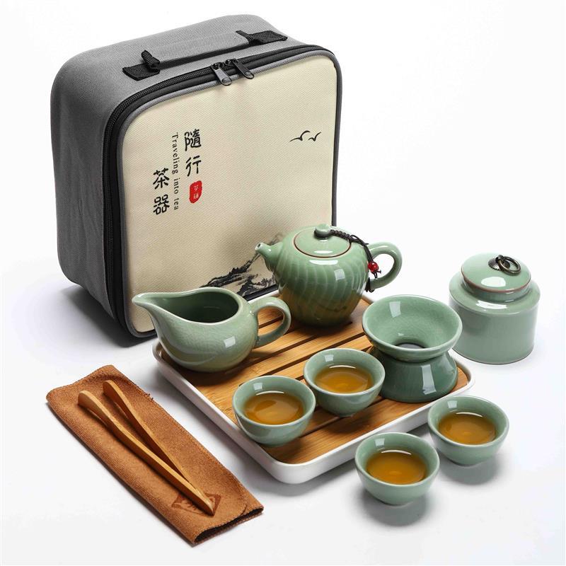 哥窑旅行功夫茶具小套装一壶四杯便携包户外家用简约办公日式茶壶|哥窑(雅致壶)旅行茶具组-布包