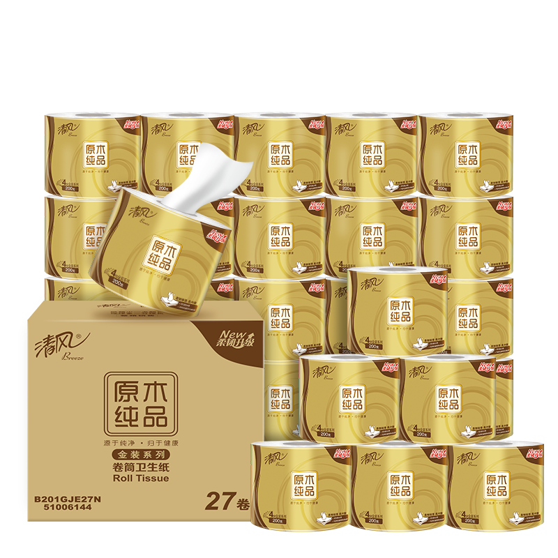 清风有芯卷纸 原木金装4层加厚200克*27卷 整箱 B201GJ27E
