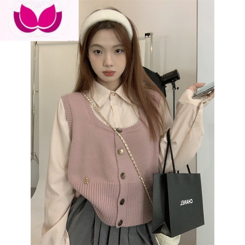 七斓法式少女粉长袖衬衫女秋季百搭甜美学院风上衣叠穿小背心套装高清大图