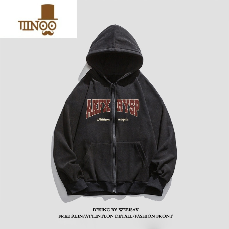 yanxu美式复古连帽灰色卫衣开衫男生高街休闲vibe潮牌嘻哈加绒外套