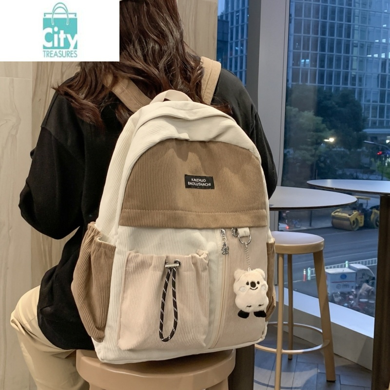 bangdou高颜值书包女中学生可爱韩版条绒拼色高中大学生背包设计感