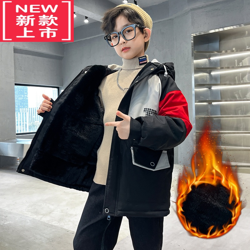 可莉允男童棉衣外套冬装2022新款洋气中大童男孩加绒加厚韩版儿童帅气棉服