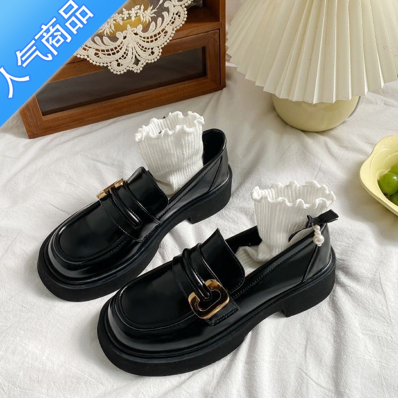 SUNTEK小皮鞋女鞋子春秋季加绒乐福鞋2023新款黑色学院英伦风一脚蹬单鞋高清大图