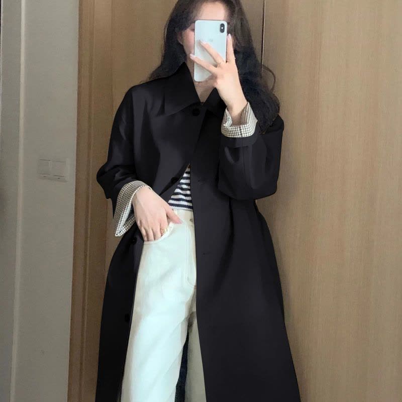 早秋风衣外套女2021年新款春秋季卡其色小个子韩版秋款中长款黑色图片