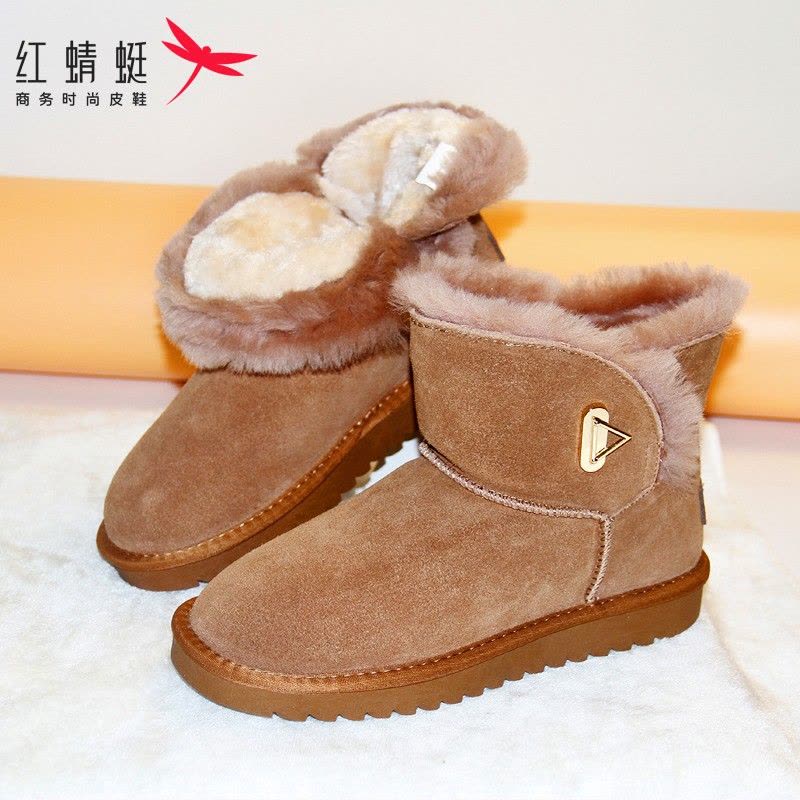 红蜻蜓雪地靴女鞋冬季加绒棉鞋女纯色保暖鞋休闲防水厚底短筒靴棉靴子女图片