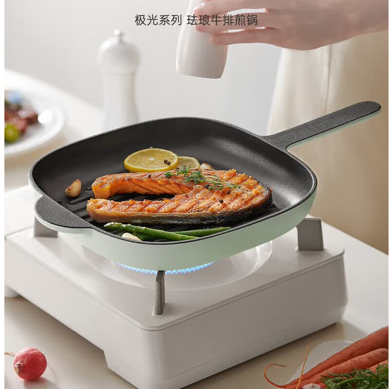 德世朗(DESLON)极光系列珐琅牛排煎锅炒锅不粘煎锅DFS-J868GN浅绿色 26cm ||高清大图