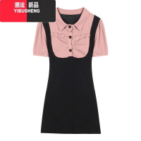 YIBUSHENG假两件Polo领针织泡泡袖连衣裙女季纯欲镂空蝴蝶结系带包臀短针 M 粉拼黑