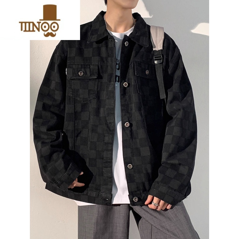 YANXU欧美高街牛仔外套男生秋季款潮牌ins美式工装百搭格子夹克上衣服高清大图