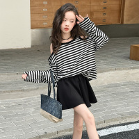 女童套装秋季新款儿童早穿搭大童条纹露肩卫衣半身裙两件套 160cm 套装