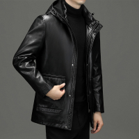 免费退换2021冬款正品绵羊皮真皮皮衣羽绒服男立翻领中长款加厚加绒皮夹克反季促销_509_542 185/96A 黑色可脱卸内胆