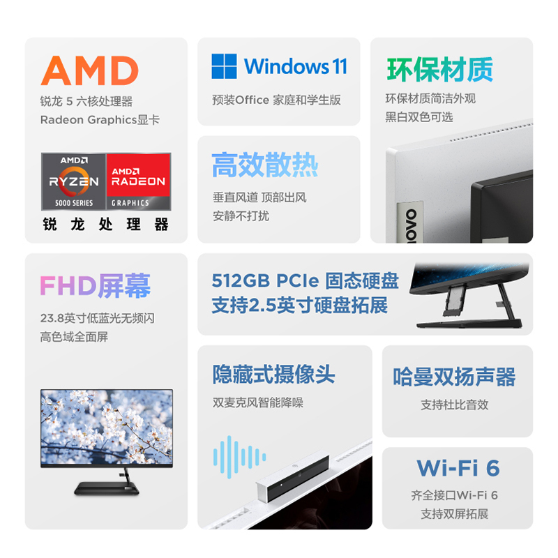 联想(Lenovo)小新24 23.8英寸一体台式机电脑(R5 5500U 8G 1T+512G SSD 摄像头 win11 无线键鼠)白色 定制