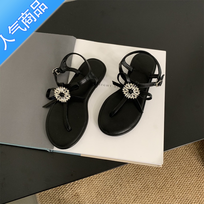 SUNTEK夹脚凉鞋女2023年新款夏季法式晚风仙女水钻蝴蝶结外穿沙滩平底鞋高清大图