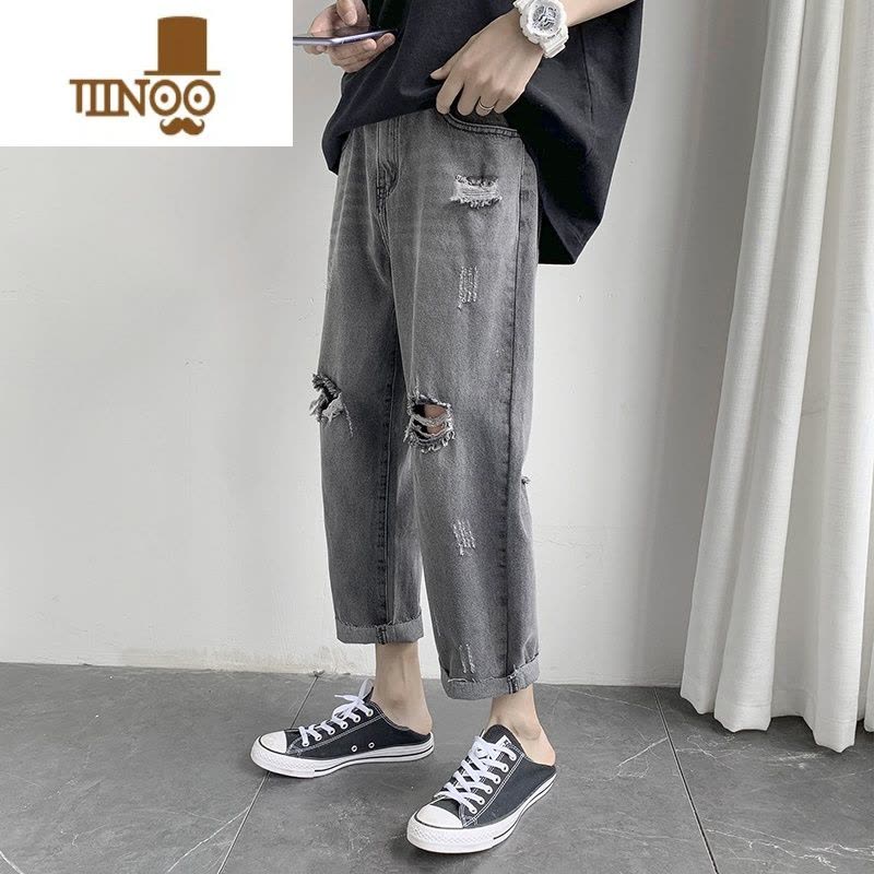 YANXU裤子潮牌男修身乞丐破洞牛仔裤男直筒宽松夏季薄款九分裤百搭男裤图片