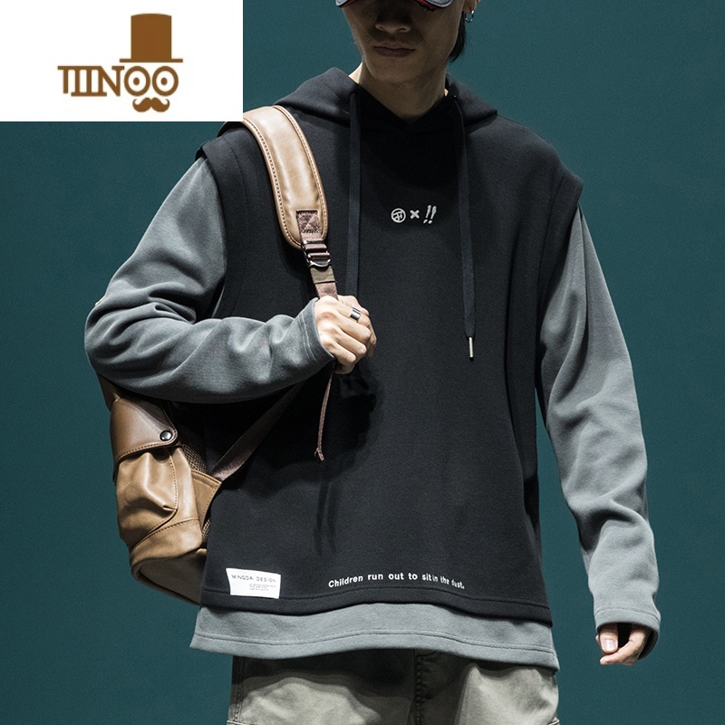 YANXU假连帽卫衣男秋季潮牌宽松大码外套复古休闲百搭长袖男装高清大图