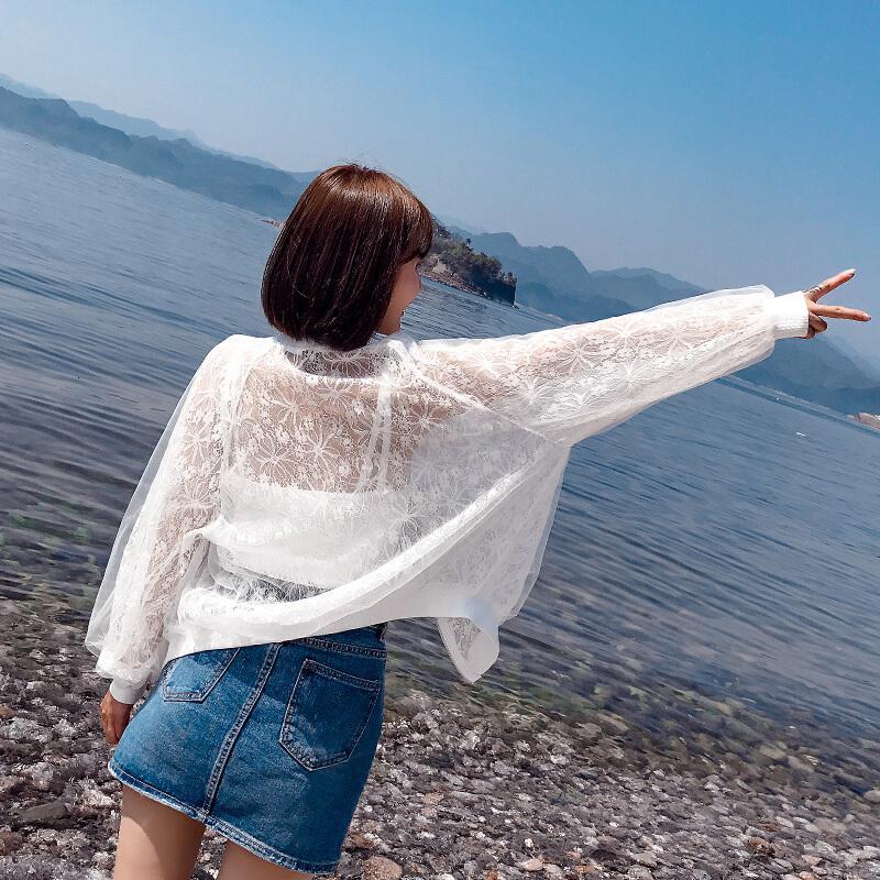 蕾丝网纱防嗮衣女短款2018夏装棒球服夹克短外套开衫夹克衫白色