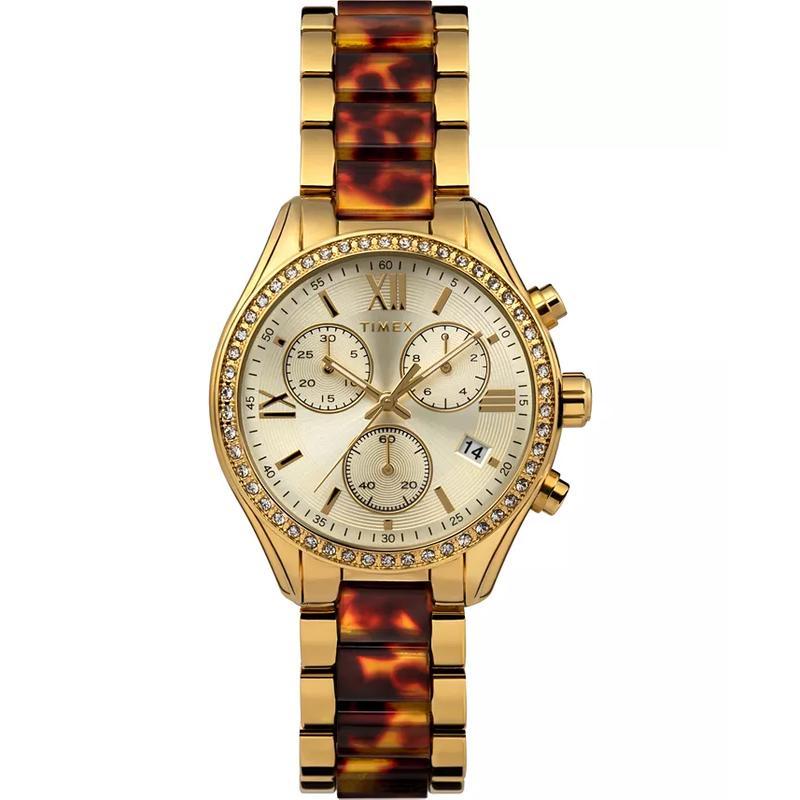 Timex 女士石英真皮金框镶钻防水mm多功能时尚商务手表