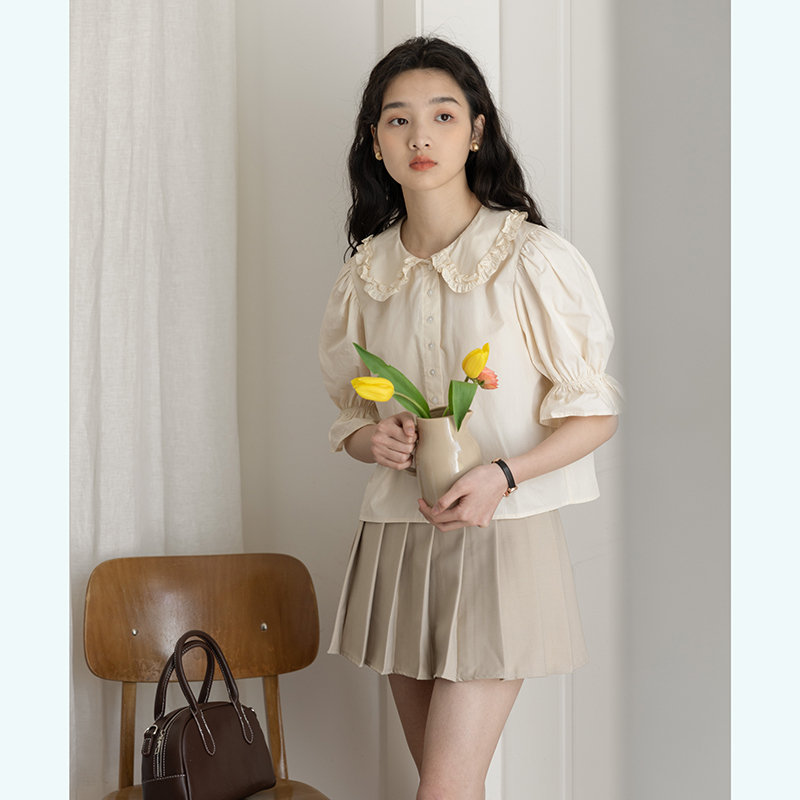 2022夏季新款韩版小清新花边重工纽扣娃娃领衬衫上衣女