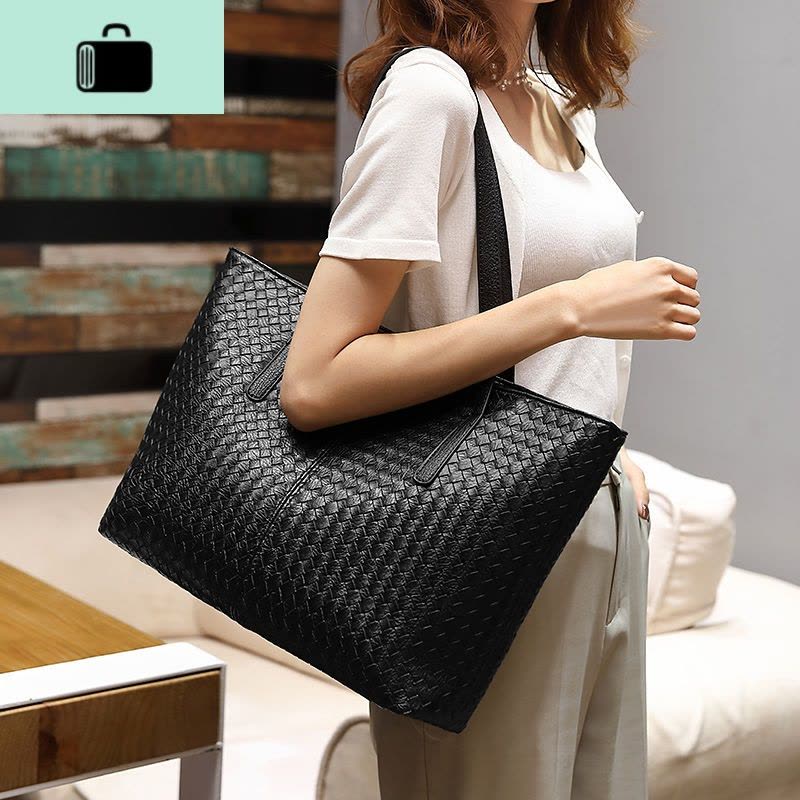 包包2020新款女包潮流编织包大容量单肩包时尚休闲托特包简约大包NEW LAKE 黑色女士单肩包图片