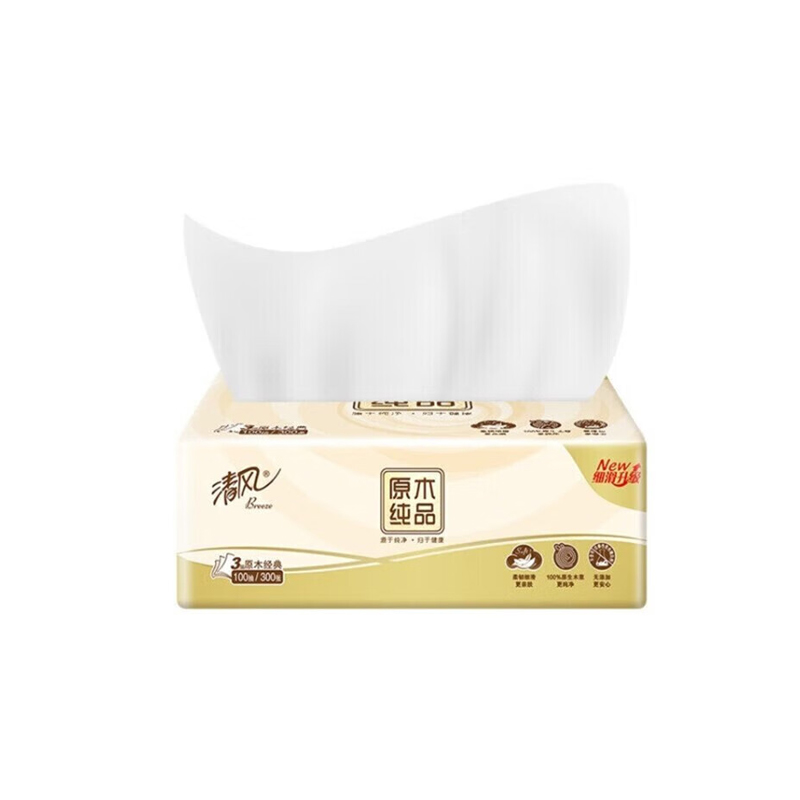 清风原木纯品抽纸 卫生纸巾面巾纸餐巾纸 3层100抽*8包*1提高清大图