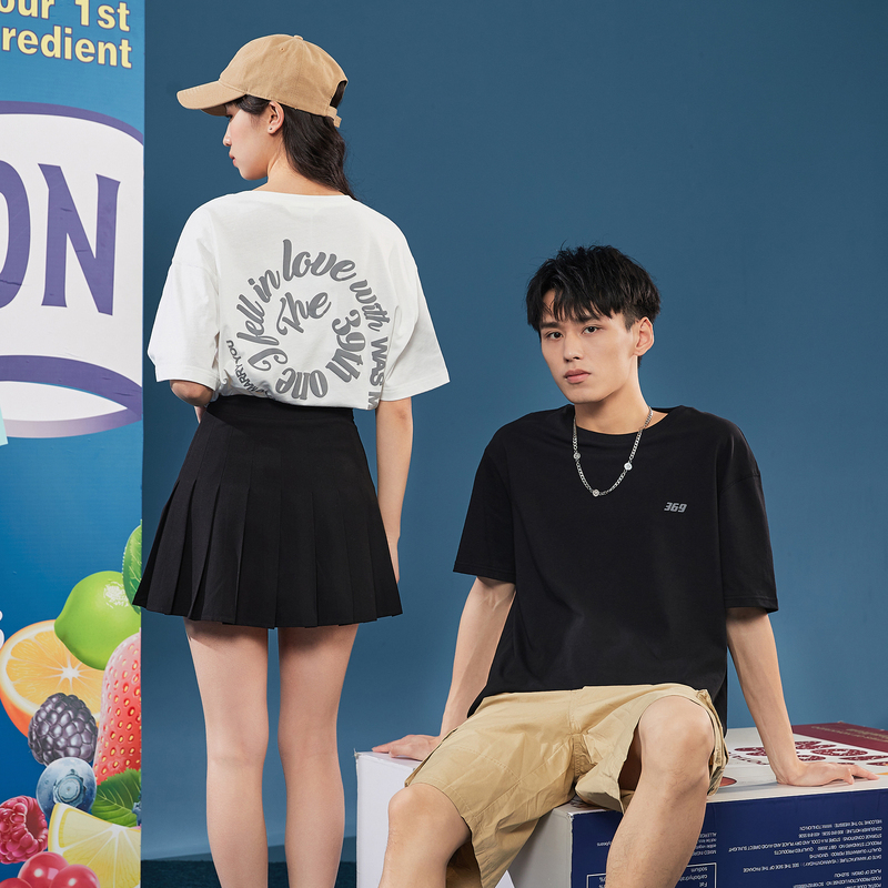 唐狮夏季新款情侣装短袖T恤男女后背印花设计感半袖衫