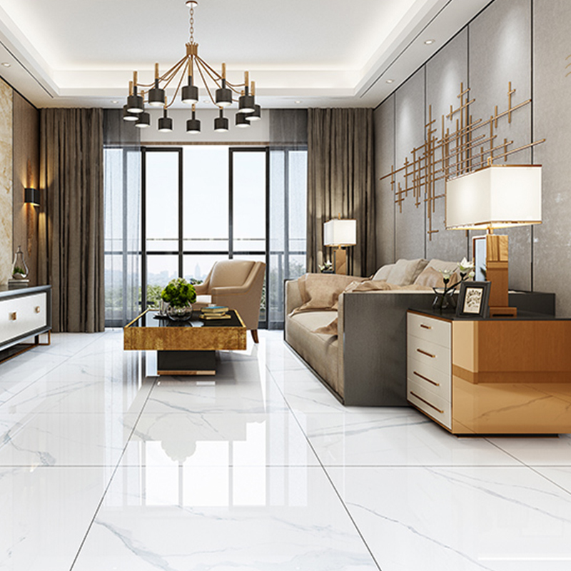卡拉拉白鱼肚白全抛釉大理石瓷砖简约现代客厅地砖800x800地板砖壹德