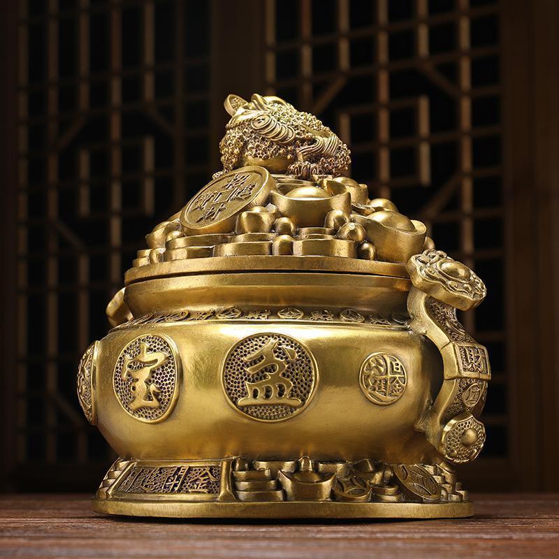 纯铜聚宝盆金蟾摆件三足金蝉蟾蜍风水客厅家居财位存钱罐_316_410
