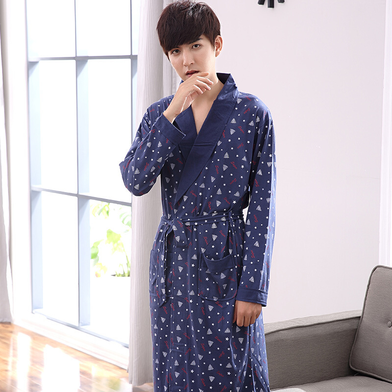 加肥加大号睡袍男纯棉秋款睡衣长袖性感宽松中长款外袍浴衣家居服