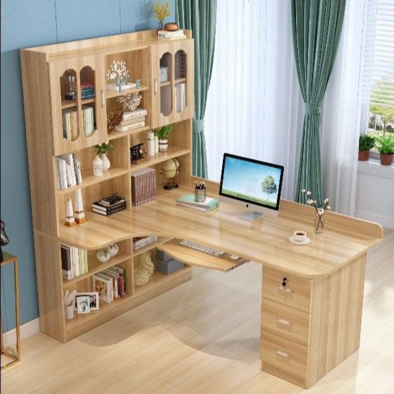 实木转角电脑桌家用台式书桌书架书柜实木墙角组合一体学习桌定制