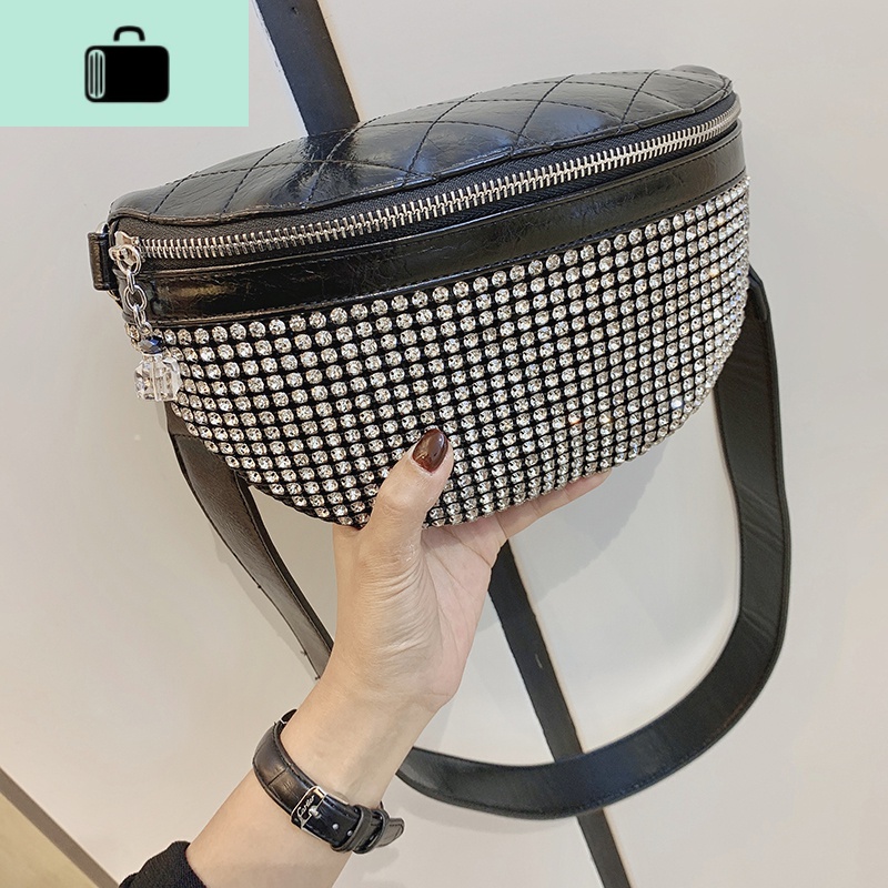 斜挎胸包女潮ins个性街头质感包包洋气镶钻石时尚女包NEW LAKE 黑色钻石高清大图