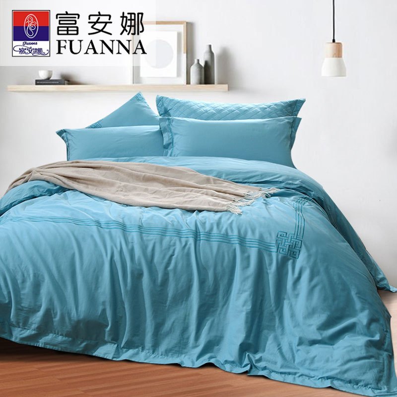 富安娜(FUANNA)家纺素绣纯棉床品四件套全棉床上用品1.8米床双人床单被套简约单人