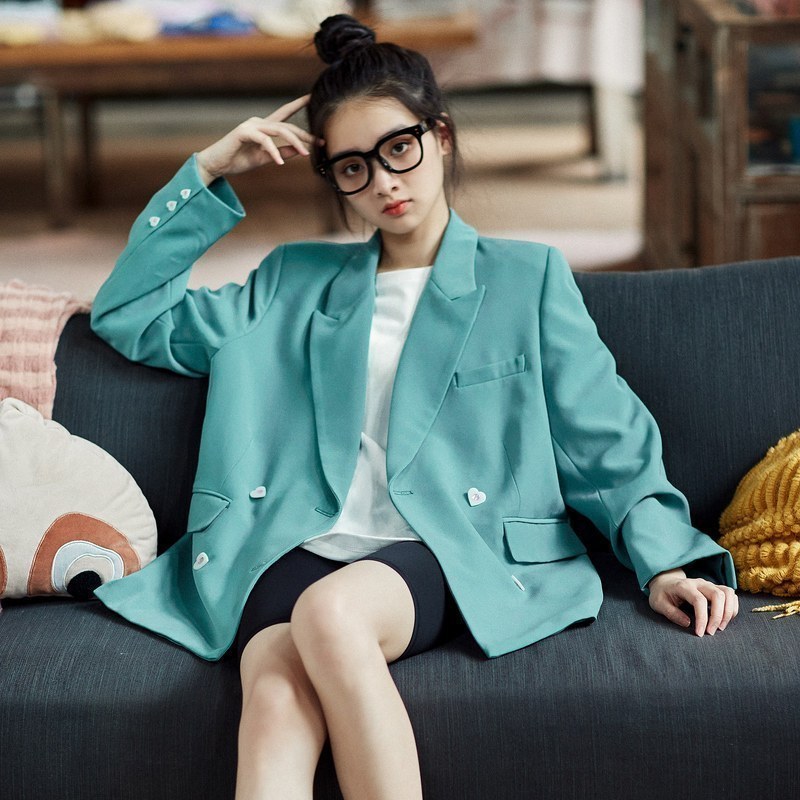 唐狮早秋新款西装外套女春秋韩版宽松百搭上衣净色休闲y视频