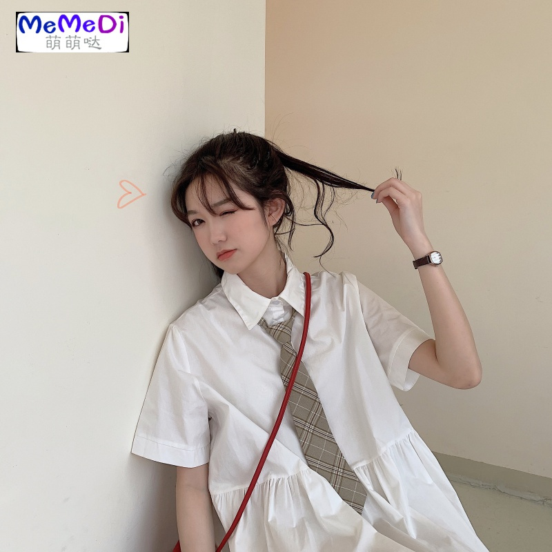 2020夏季新款法式少女娃娃裙宽松Polo领短袖领带小个子桔梗连裙