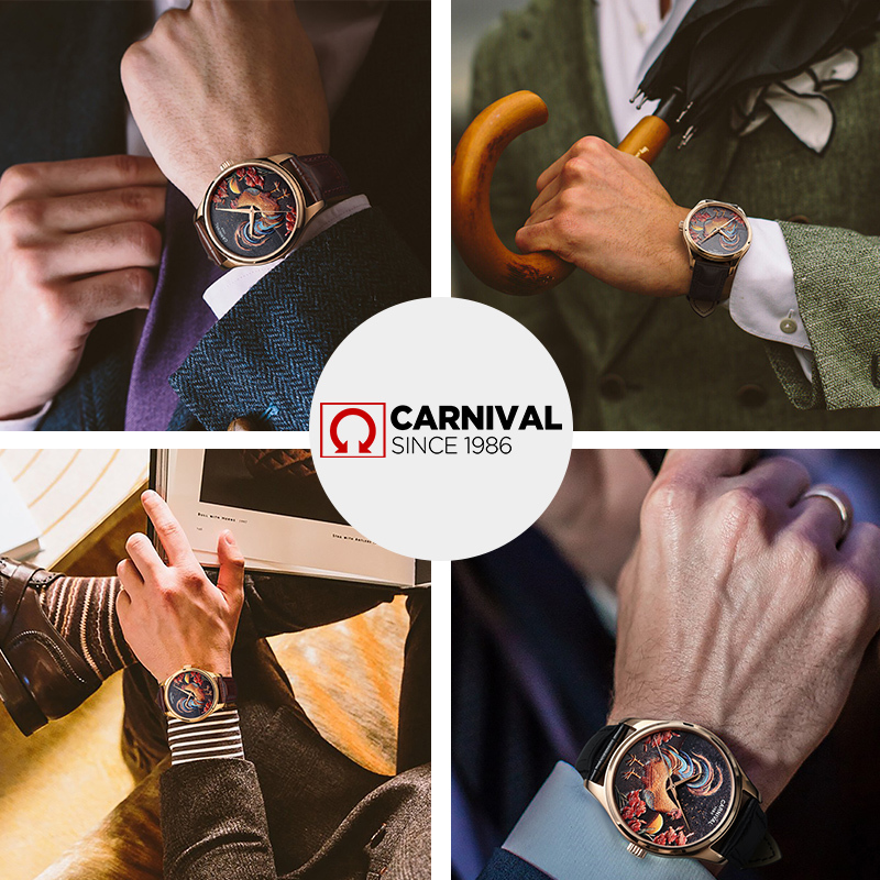 嘉年华Carnival 大表盘防水全自动机械表 男士个性时尚款腕表新款雄鸡浮雕手表男玫瑰金富贵吉祥515G高清大图