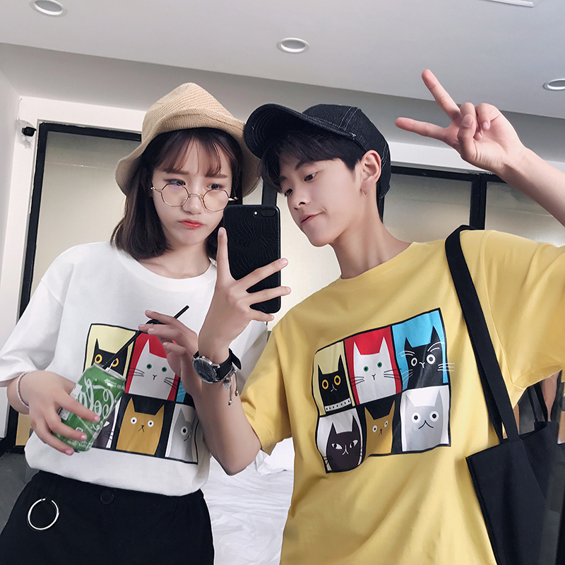 港仔风格 日系夏装韩版卡通萌猫情侣短袖t恤港风男女休闲班服半袖